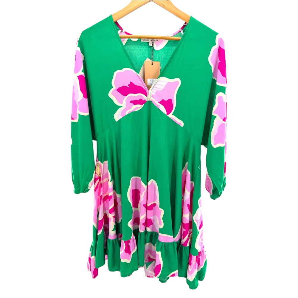 Label of Love Green Pink Floral V-Neck Mini Dress Australia Rayon Small TL24012I